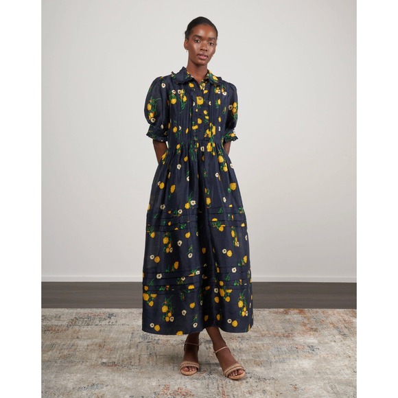 Lee Mathews $740 Ketty Navy Yellow Floral Midi Dress Sz 2 Linen Silk Puff Sleeve